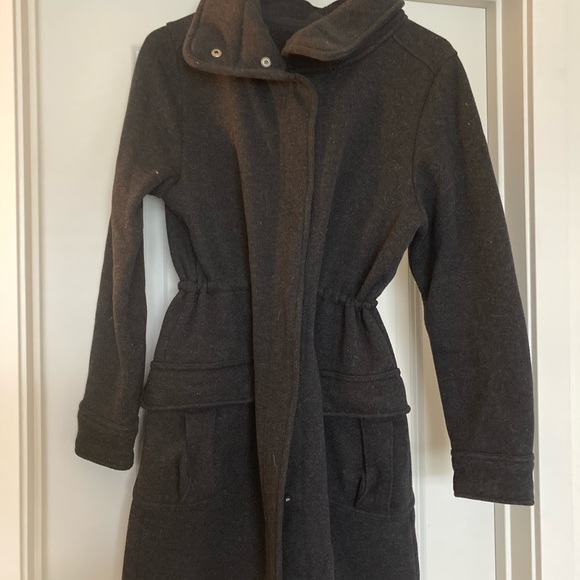 Charcoal grey jacket. Comes to mid thigh. Waist drawstring. - Picture 1 of 2